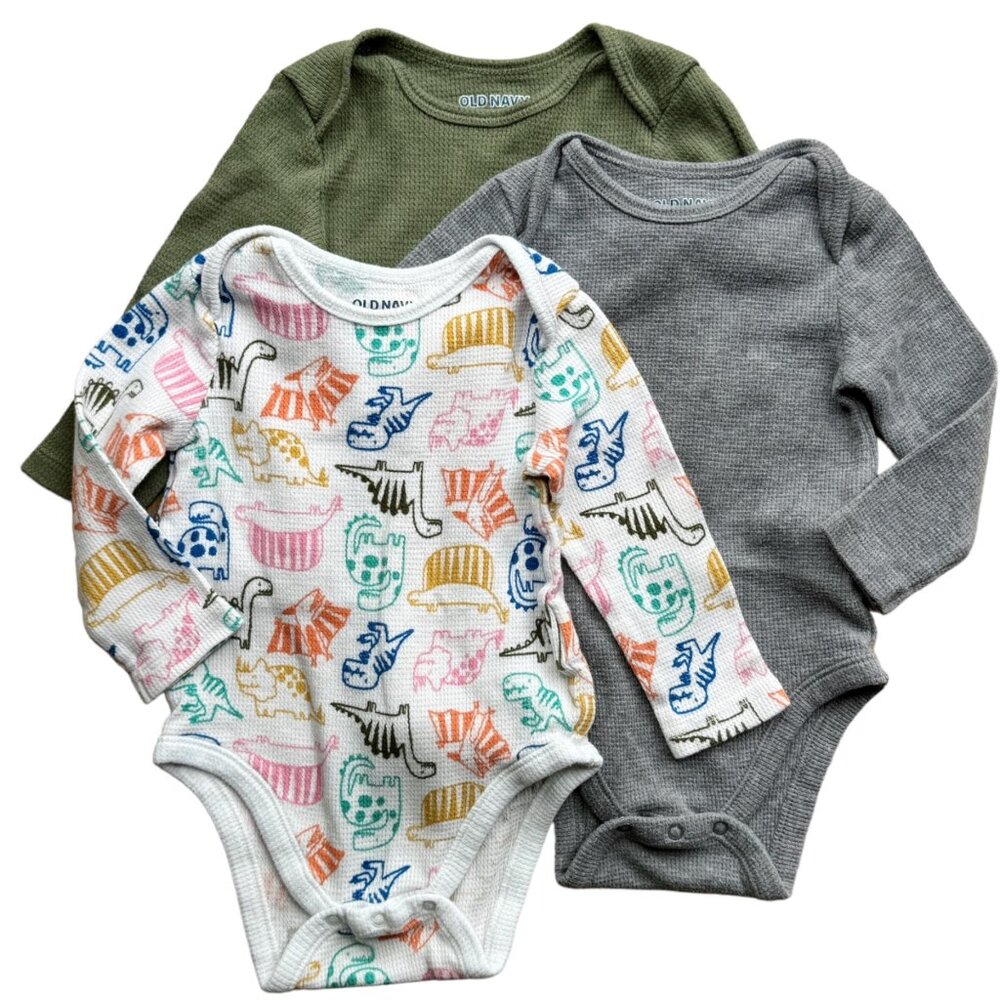 Baby Bodysuits 3 Pack Bundle Thermal Knit 6-12 Months Dinosaur Green Gray Waffle